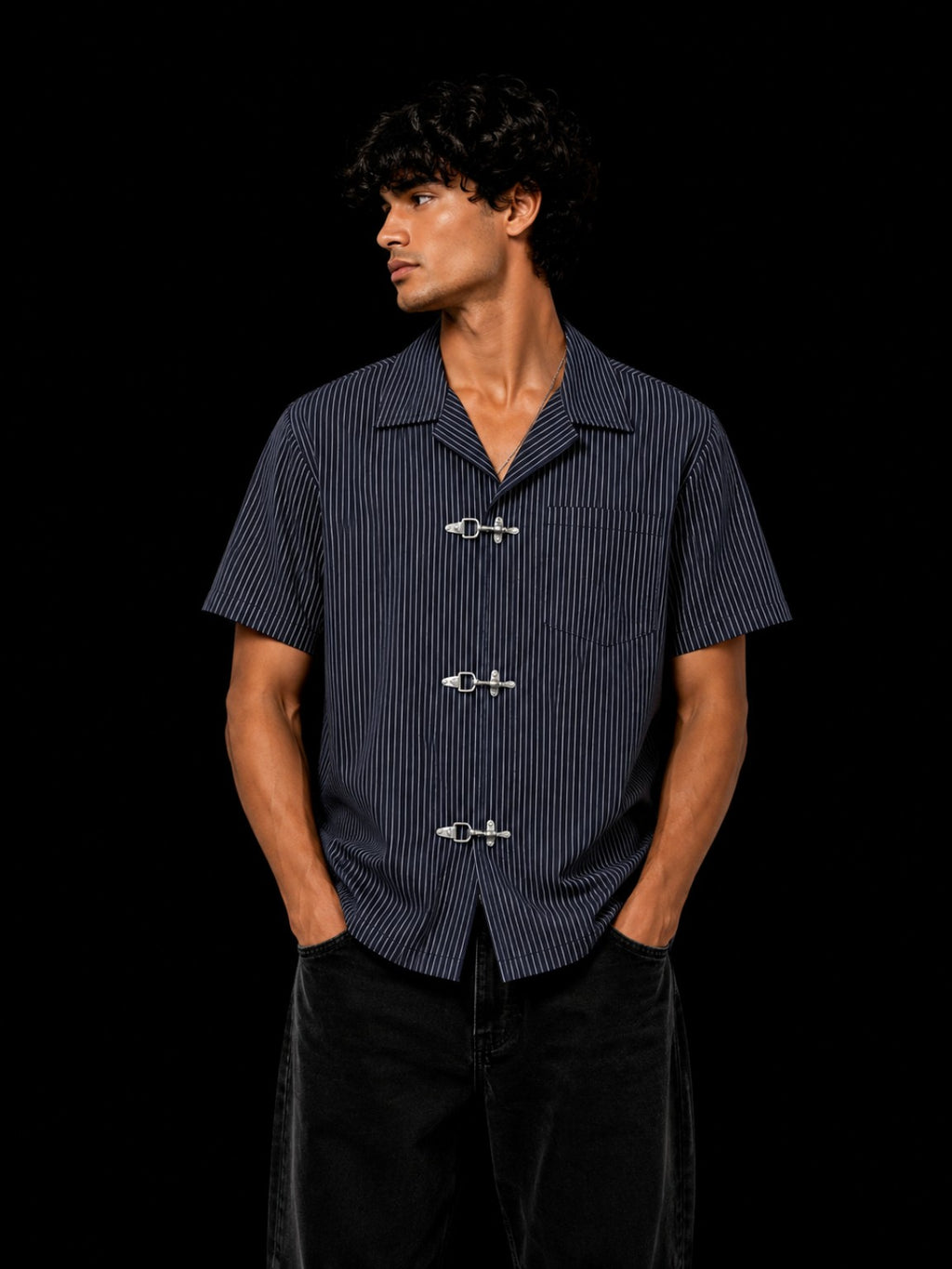 METAL BUCKLE SHIRT black front pure cotton