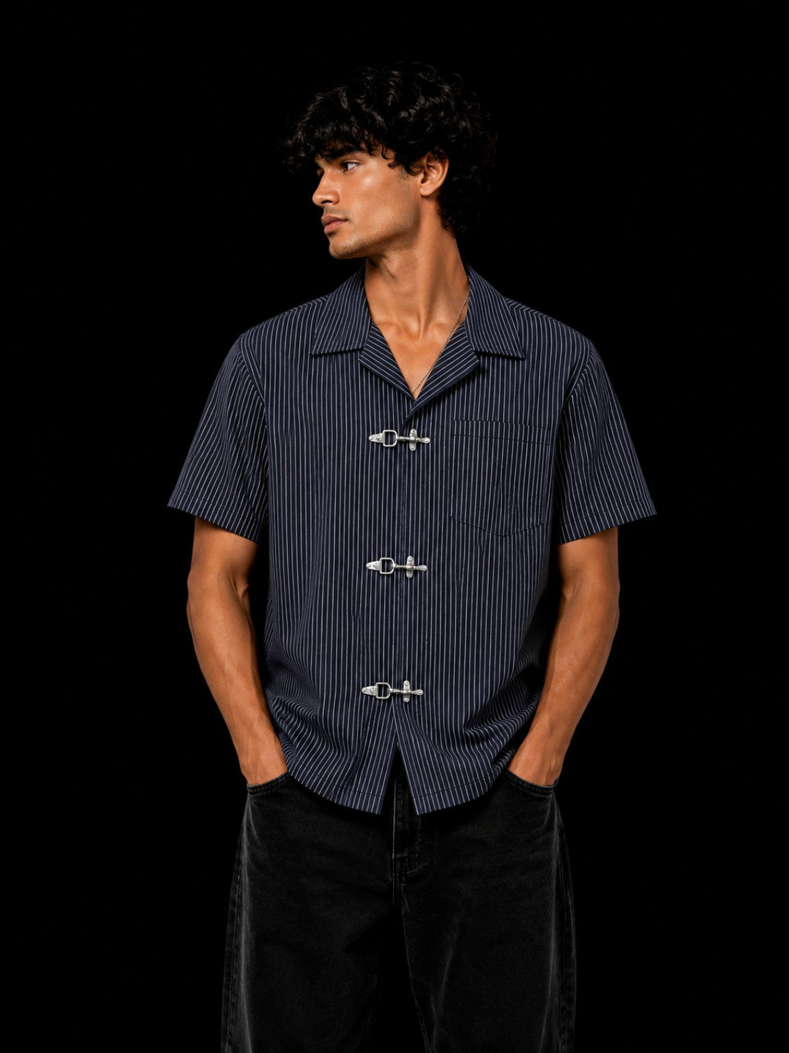 METAL BUCKLE SHIRT black front pure cotton