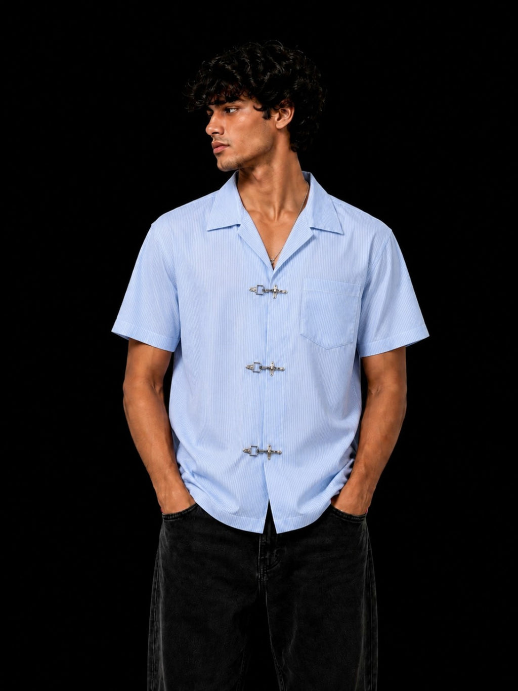 METAL BUCKLE SHIRT blue front pure cotton