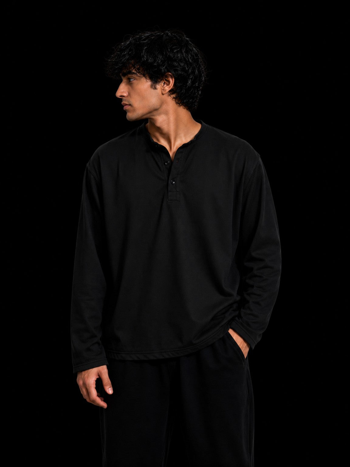 Oversized Waffle Henley Black front view