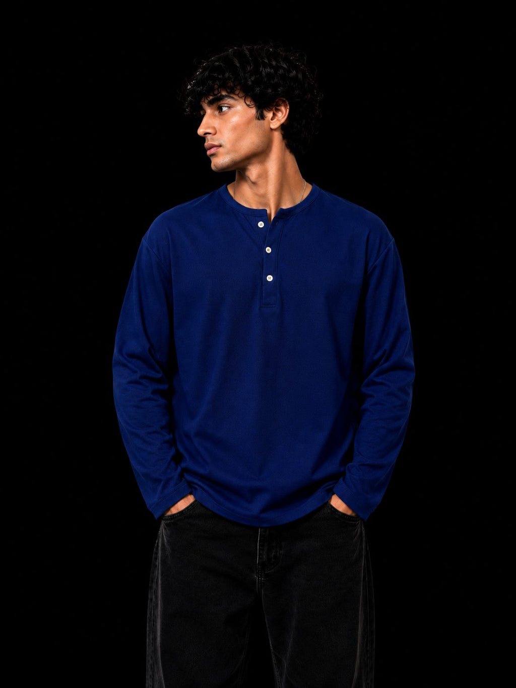 Oversized Waffle Henley Blue front view