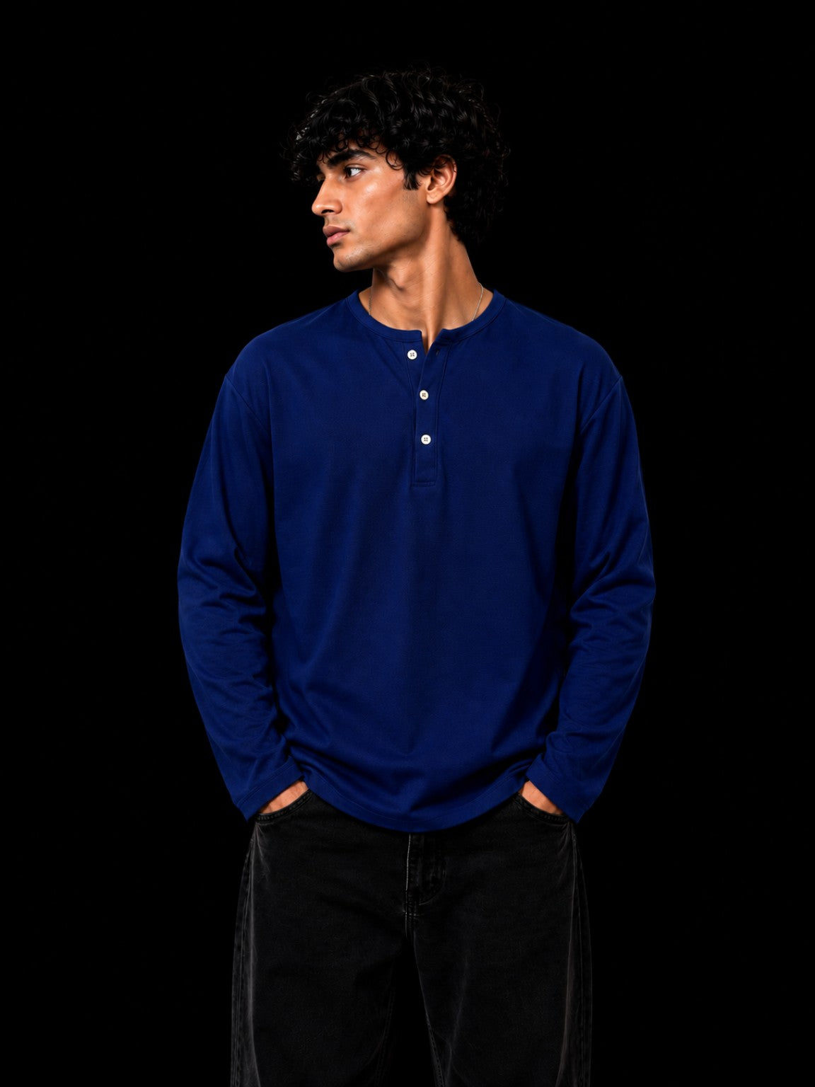 Oversized Waffle Henley Blue front view