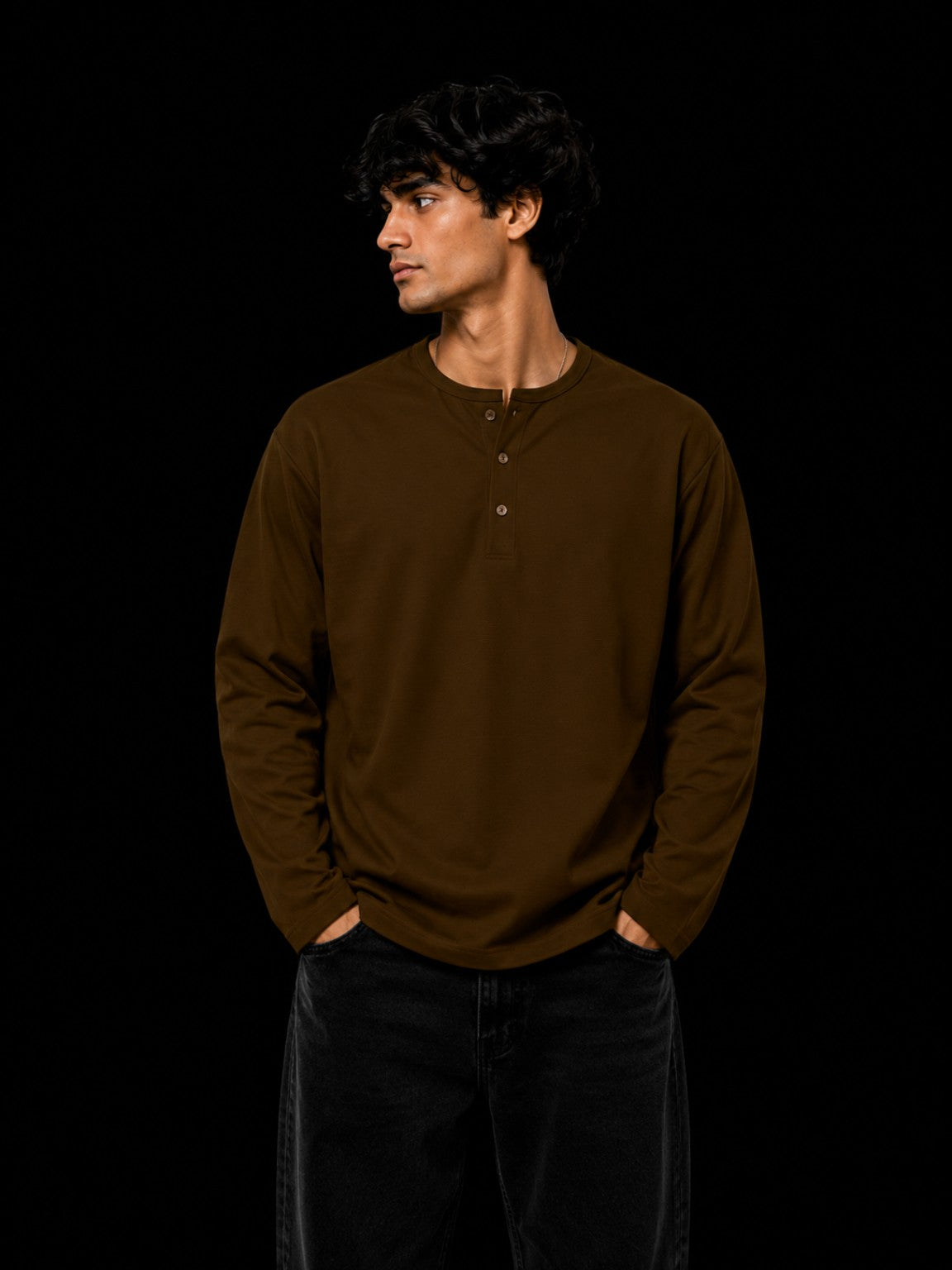 Oversized Waffle Henley Brown front view