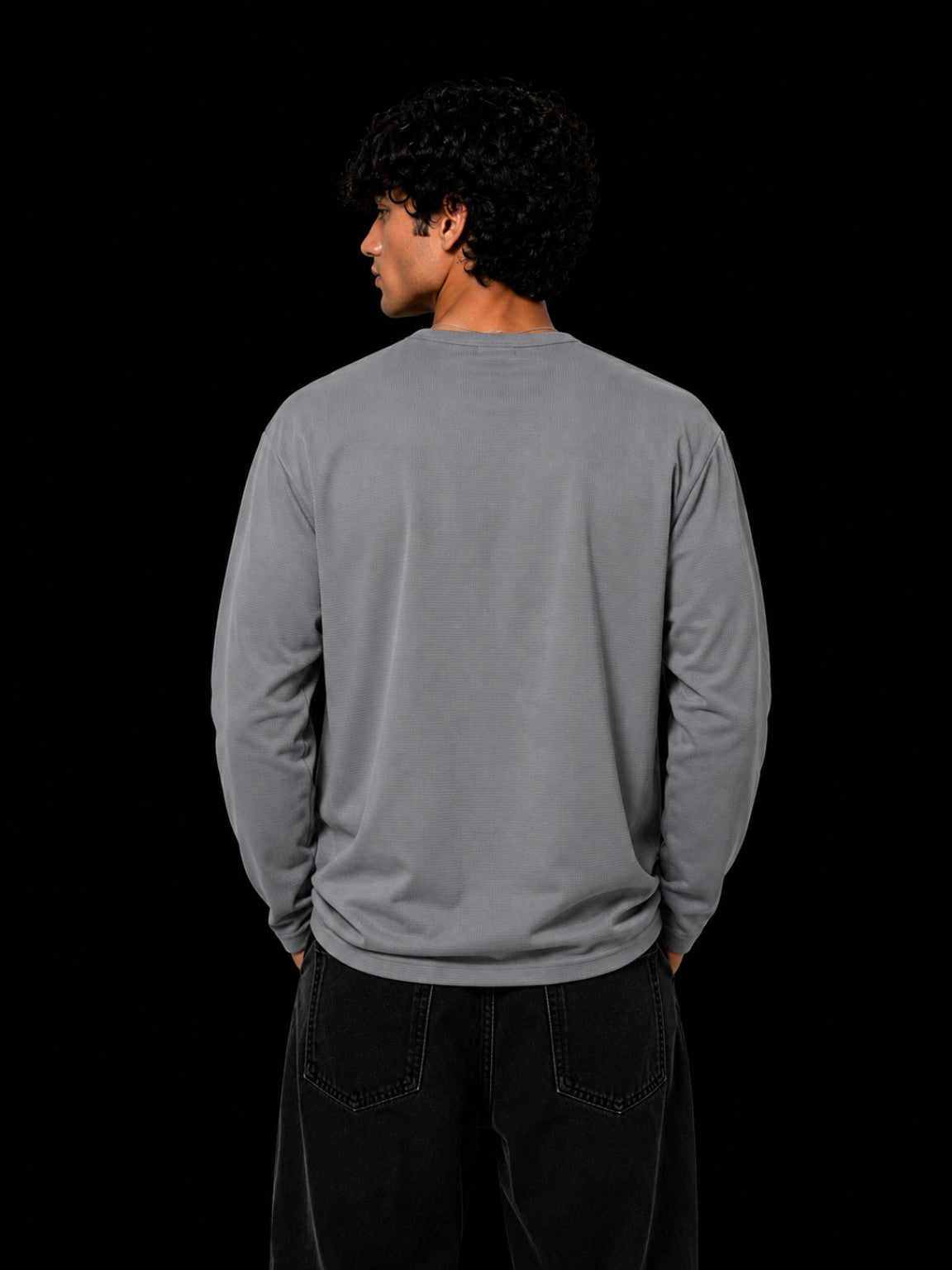 Oversized Waffle Henley Grey back view