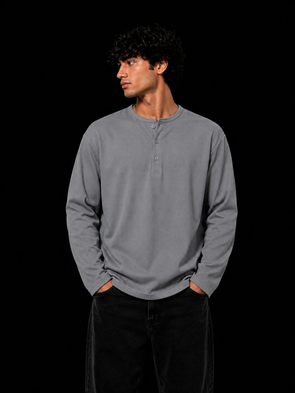 Oversized Waffle Henley Grey front view