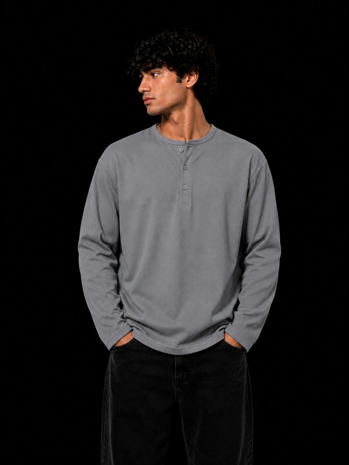 Oversized Waffle Henley Grey front view
