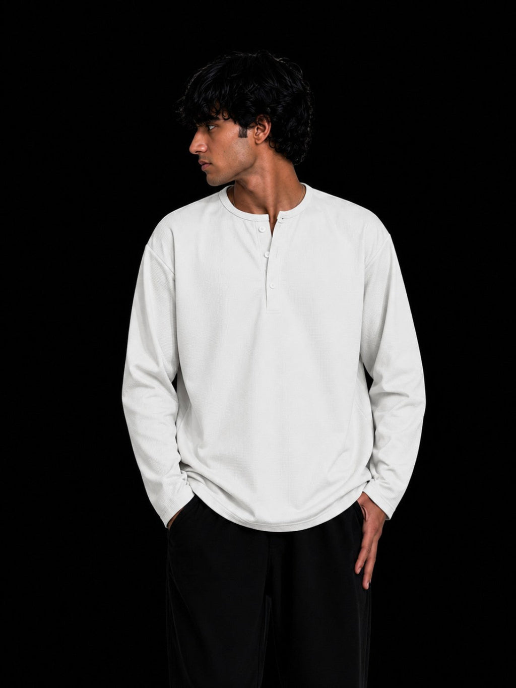 Oversized Waffle Henley White front view