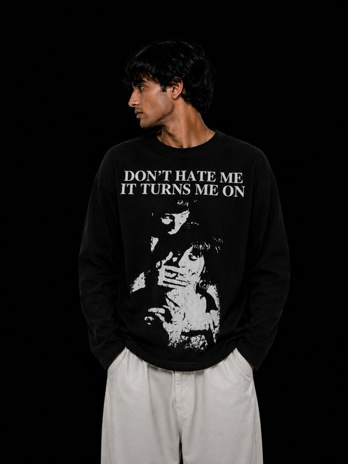 WAFFLE DON'T HATE ME IT TURNS ME ON black waffle fabric front
